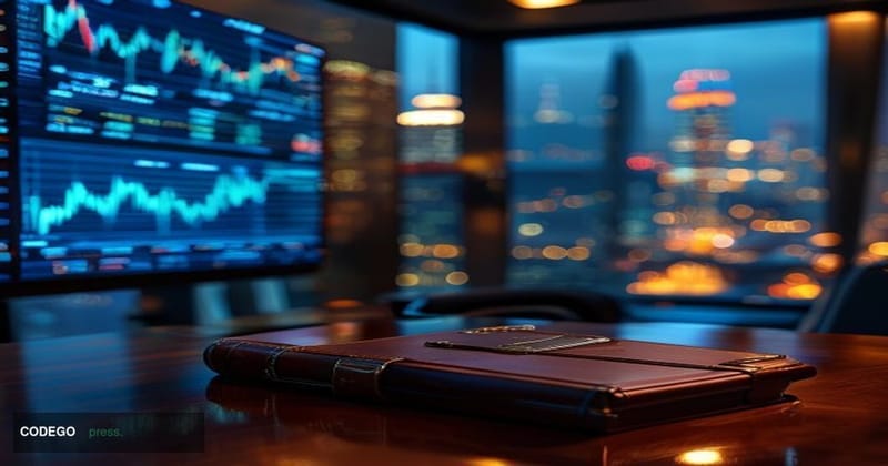 A cinematic editorial photograph set in a sleek, dimly lit financial trading floor at twilight, with large digital screens di