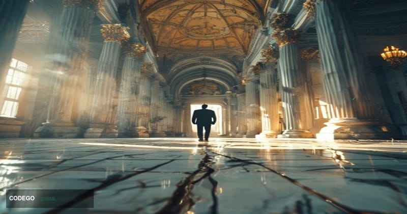 A dramatic cinematic editorial photograph set inside a grand, cathedral-like banking hall with towering marble columns and or