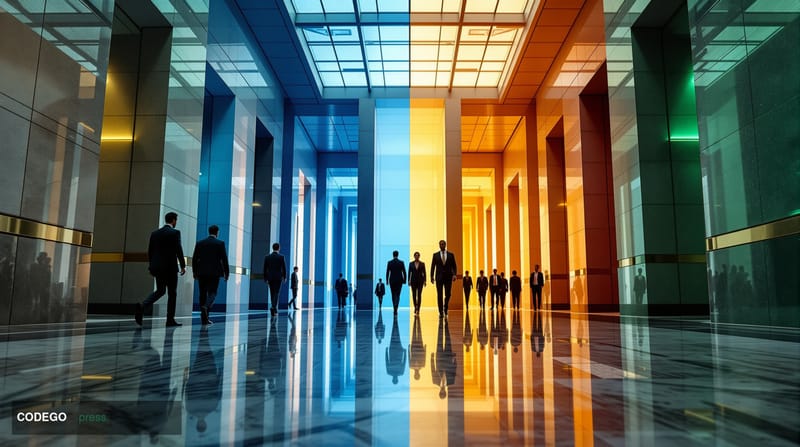 A dramatic split-frame editorial photograph taken from a low angle inside a modern American bank headquarters, showing four d