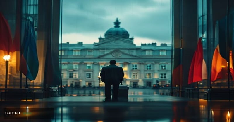 A cinematic editorial photograph set in Dublin, Ireland, with the iconic neoclassical facade of the Central Bank of Ireland h