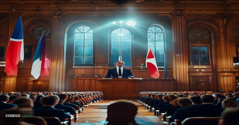 A cinematic editorial photograph of a grand European conference hall in Dublin, Ireland, with four national flags subtly disp