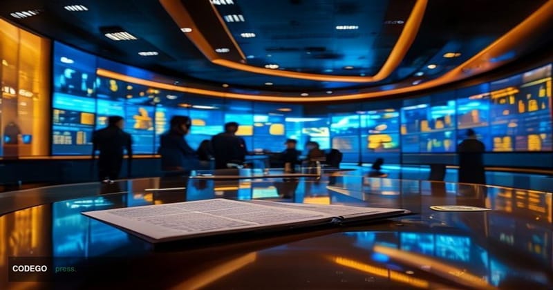 A sleek, modern banking operations center photographed from a low dramatic angle, showing a large curved room filled with ill