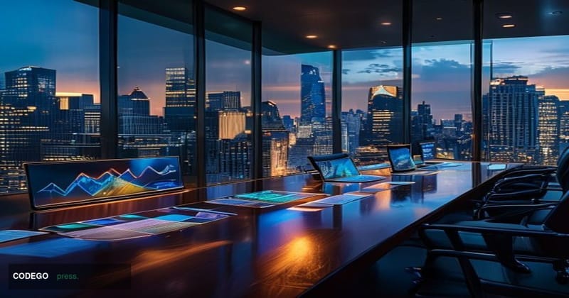 A cinematic editorial photograph taken inside a contemporary banking boardroom, shot from a low angle looking up toward a wid