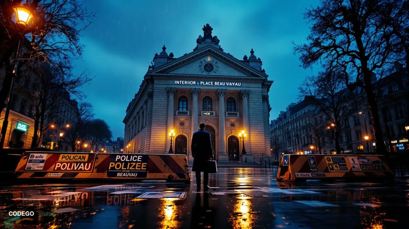 A cinematic editorial photograph set on a rain-slicked Parisian boulevard at dusk, with the imposing stone façade of the Fren