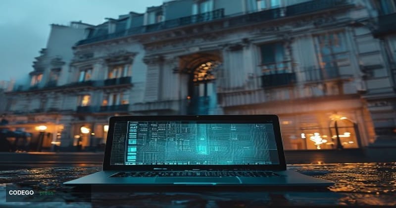 A dramatic editorial photograph set in Paris, France, with the iconic Palais Royal or a grand Haussmann-era government buildi