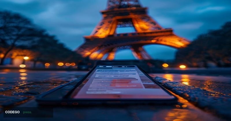 A dramatic editorial photograph taken at ground level looking up at the Eiffel Tower in Paris, France, bathed in warm amber e