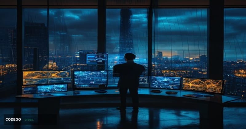 A cinematic editorial photograph set inside a modern Parisian financial district office building, with the Eiffel Tower faint