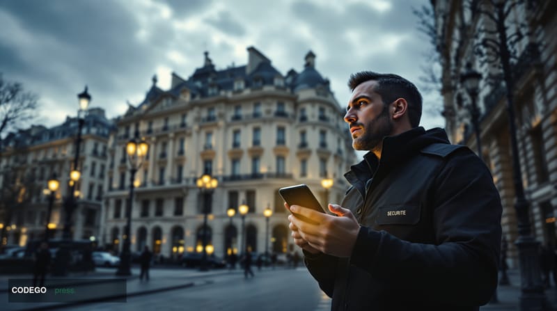 A cinematic editorial photograph set in Paris, France, with the grand Haussmann-style facades of a government ministry buildi