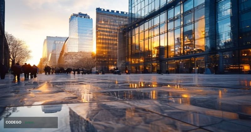 A cinematic editorial photograph set in Paris's La Défense financial district, with the iconic Grande Arche visible in the mi