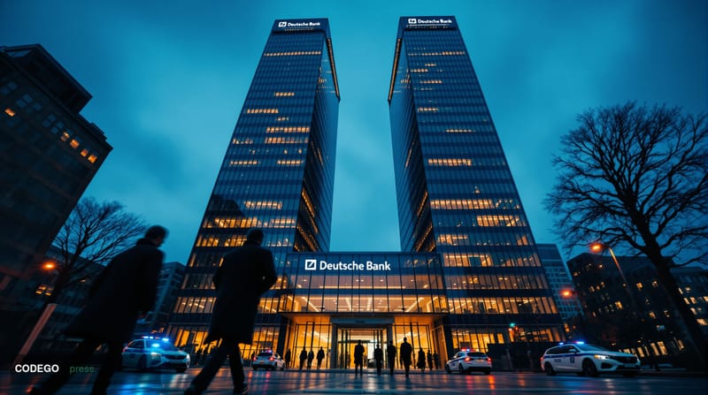 A dramatic cinematic editorial photograph of Deutsche Bank's iconic twin-tower headquarters in Frankfurt's banking district, 