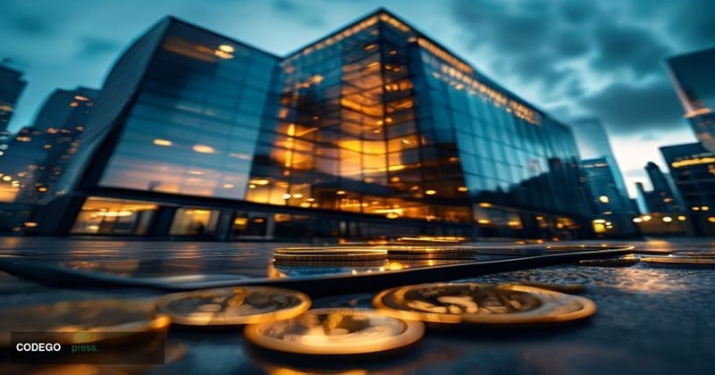 A cinematic editorial photograph of Franklin Templeton's corporate headquarters building exterior, shot from a low upward ang