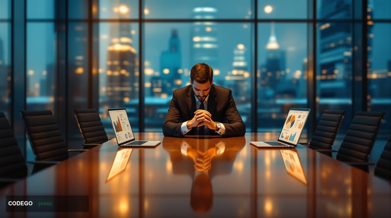 A cinematic editorial photograph set inside a sleek, modern financial institution's open-plan office, shot from a low angle l