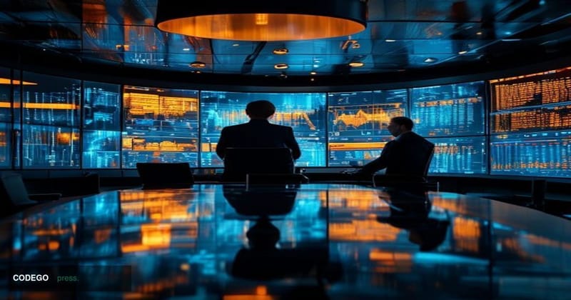 A dramatic cinematic editorial photograph shot inside a sleek, modern enterprise operations center, where large curved screen