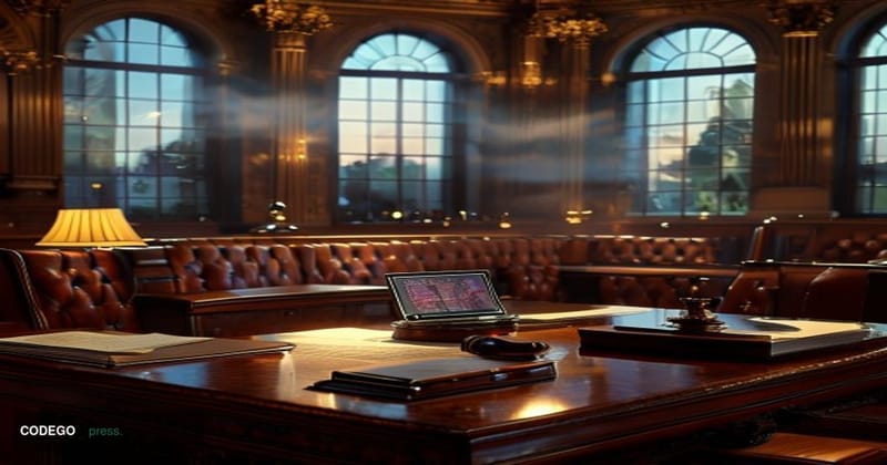 A cinematic editorial photograph set inside a federal regulatory hearing room in Washington D.C., with an imposing mahogany c