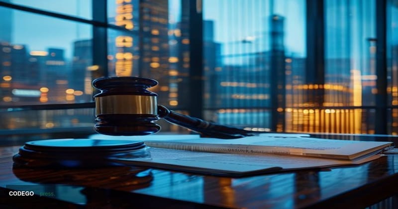 A cinematic editorial photograph set inside a formal bankruptcy claims processing environment, with a large digital clock or 