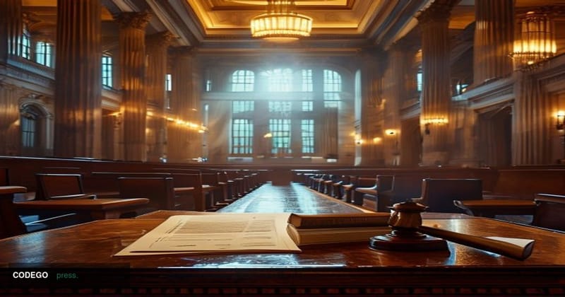 A dramatic cinematic editorial photograph set inside a monumental federal bankruptcy court chamber, with towering marble colu