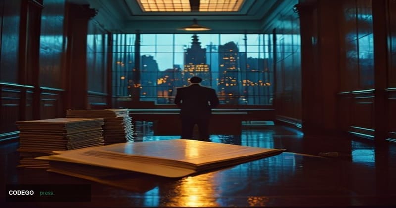 A dramatic cinematic editorial photograph set inside a somber, dimly lit federal courthouse corridor, with a large bronze FTX