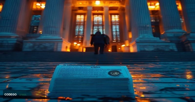 A cinematic editorial photograph depicting a grand federal courthouse exterior at dusk, with warm amber streetlights casting 