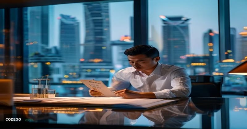 A cinematic editorial photograph set inside a modern Singapore financial district office, showing a small business owner — a 