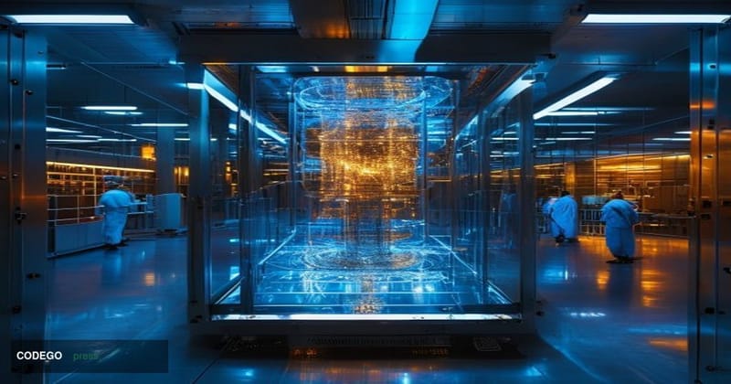 A dramatic cinematic editorial photograph set inside a high-security quantum computing research facility, with a large glowin