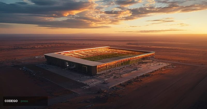 A sweeping cinematic aerial shot at golden hour of a large American college football stadium in West Texas, with vast flat pl