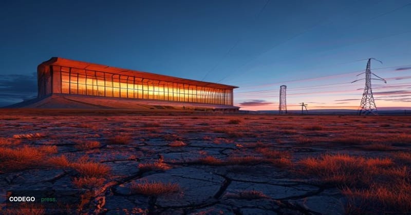 A dramatic wide-angle photorealistic editorial photograph of a large college football stadium at dusk in the flat, arid lands