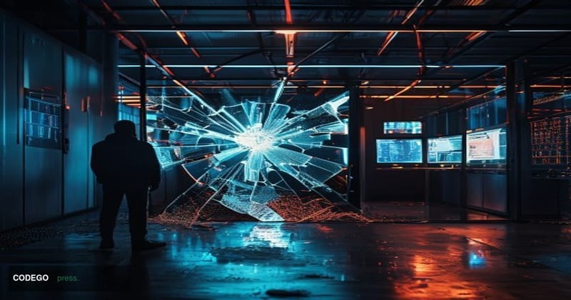 A cinematic editorial photograph depicting a shattered digital vault interface rendered as a physical glass panel, set inside