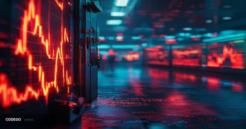 A dramatic cinematic editorial photograph of a large cryptocurrency exchange trading floor rendered in crisis mode — illumina