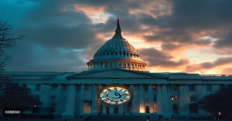 A wide-angle cinematic shot of the United States Capitol building in Washington D.C. at dusk, with the dome dramatically lit 