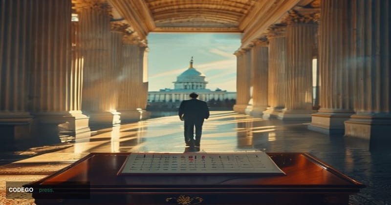 A photorealistic editorial photograph set inside a grand neoclassical Washington D.C. government building corridor, bathed in