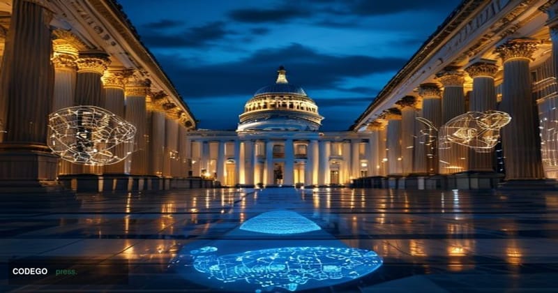 A dramatic wide-angle shot of the United States Capitol building in Washington D.C. at dusk, its neoclassical dome illuminate