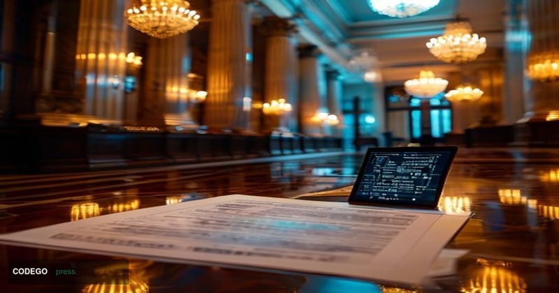 A dramatic photorealistic editorial photograph set inside a formal Washington D.C. federal regulatory building interior, with