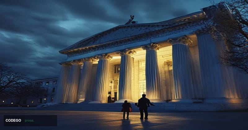 A photorealistic editorial photograph depicting the U.S. Treasury Department headquarters building in Washington D.C. — the c