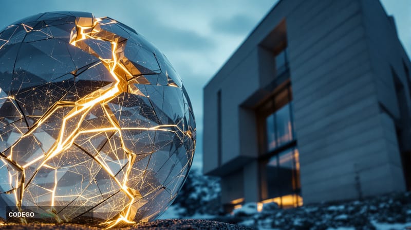 A cinematic editorial photograph shot from a low angle looking up at a fractured globe sculpture in the foreground, visibly c