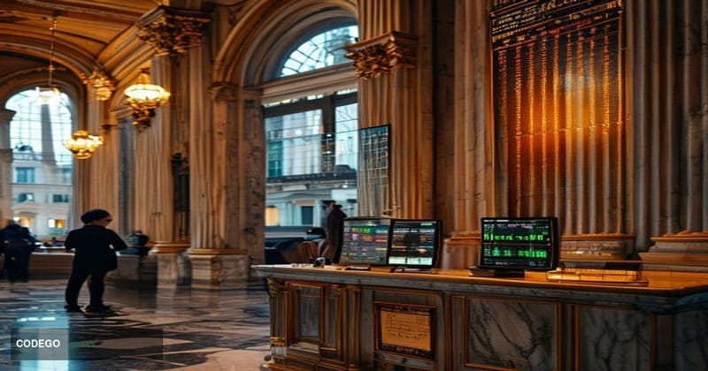 A dramatic photorealistic editorial photograph set inside a grand, marble-floored German savings bank branch — evoking the ne