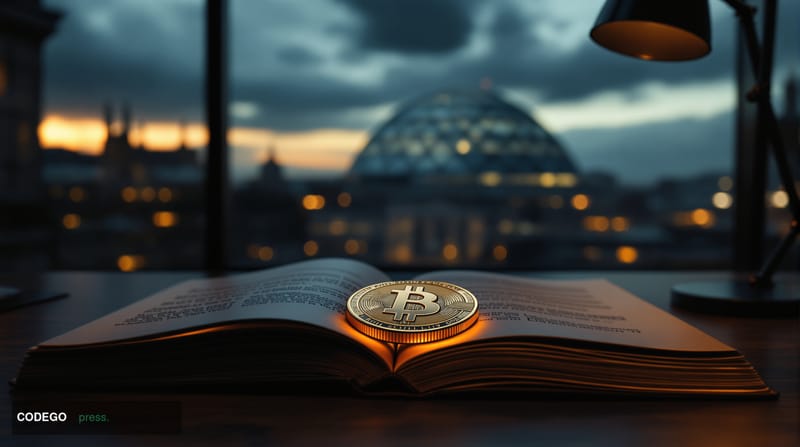 A dramatic cinematic editorial photograph set in Berlin's Reichstag building district at dusk, with the iconic glass dome of 