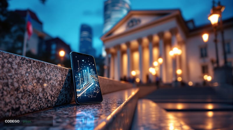 A photorealistic editorial photograph depicting a grand, neoclassical German bank facade — reminiscent of Frankfurt's histori