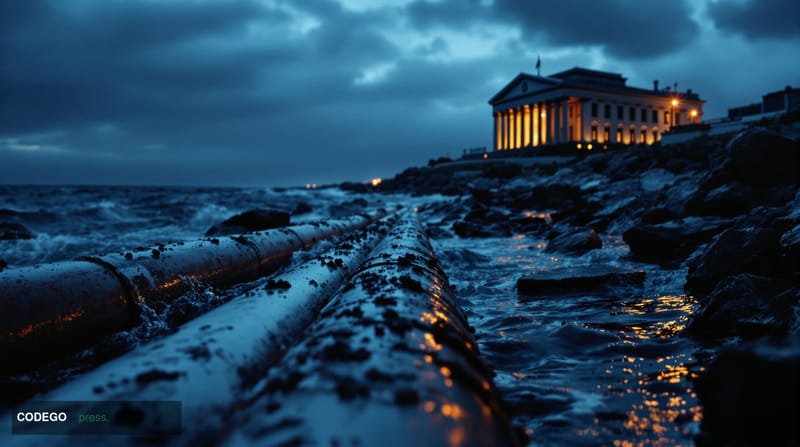 A dramatic cinematic editorial photograph taken at the Baltic Sea coastline at dusk, where dark steel-grey waves crash agains