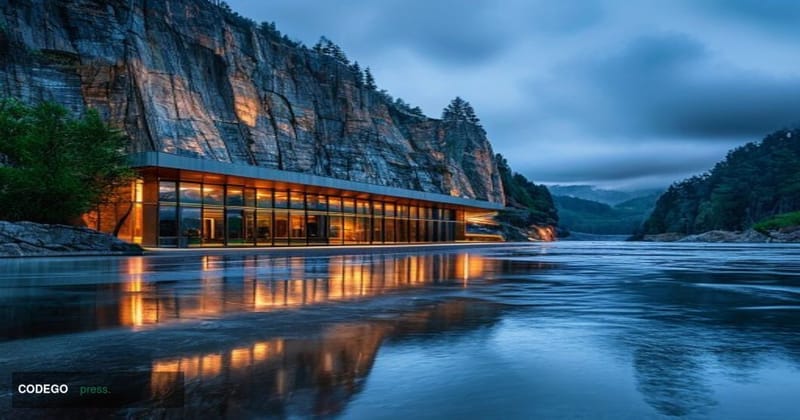 A cinematic editorial photograph taken at the Oregon-Washington state border along the Columbia River, with the dramatic basa