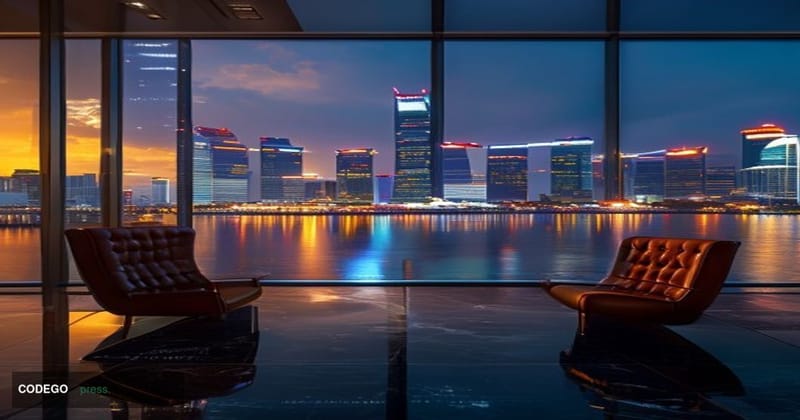 Cinematic editorial photograph of Singapore's iconic Marina Bay financial district skyline at dusk, with the gleaming towers 