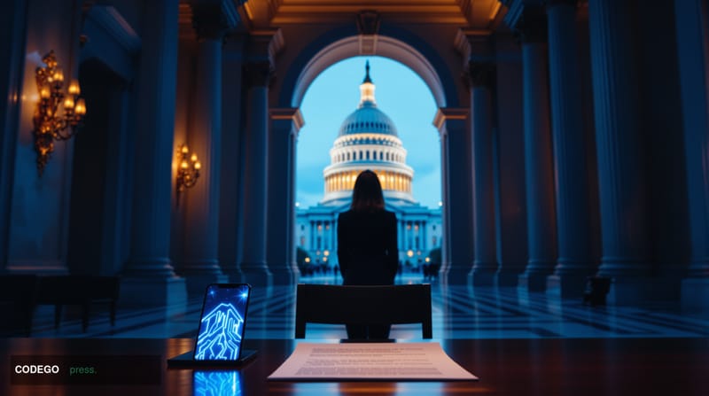 A cinematic editorial photograph set inside a grand marble United States Senate chamber corridor, dramatically lit with cool 
