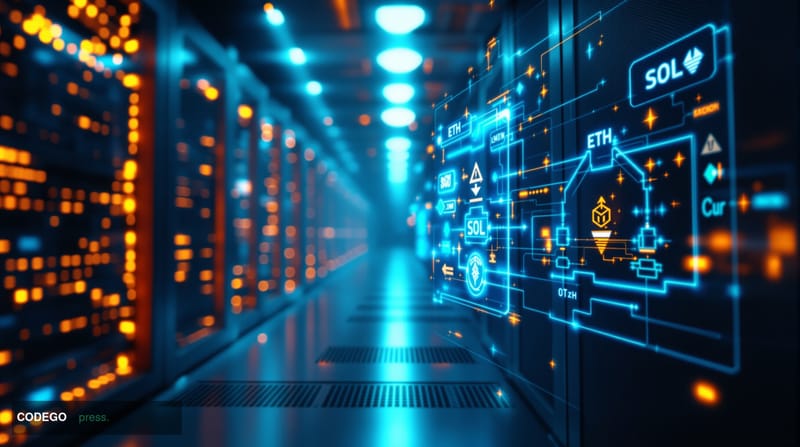A dramatic cinematic editorial photograph set in a modern data center corridor, shot from a low angle looking upward along a 