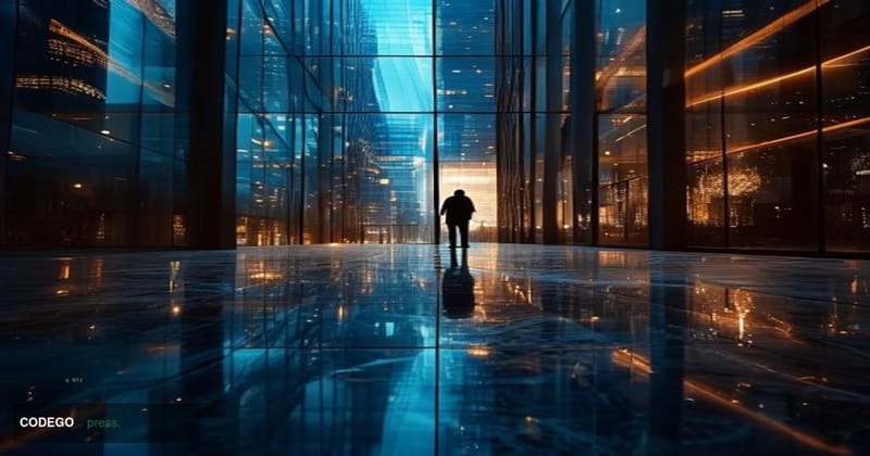 A sweeping cinematic editorial photograph shot from a low angle looking up at the glass-and-steel facade of a major global in