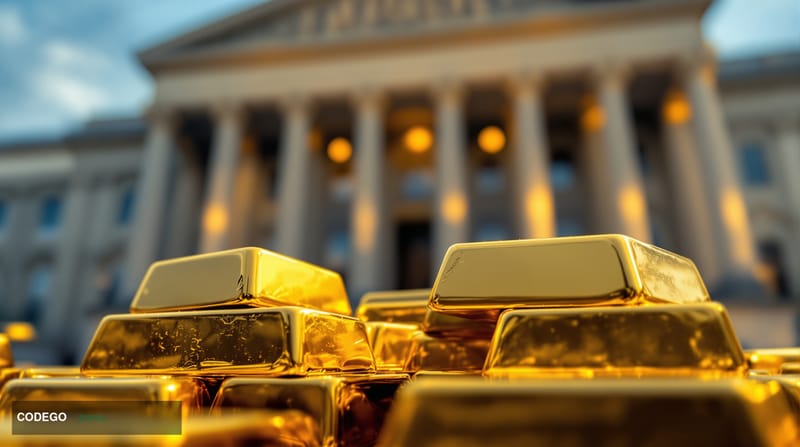 A dramatic close-up editorial photograph of gleaming gold bullion bars stacked in the foreground, their warm amber surfaces r
