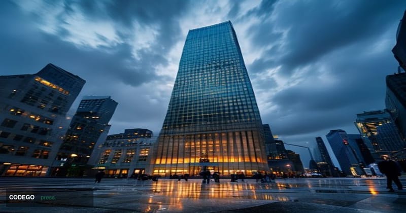 A photorealistic cinematic editorial photograph centered on the iconic Goldman Sachs headquarters tower at 200 West Street in