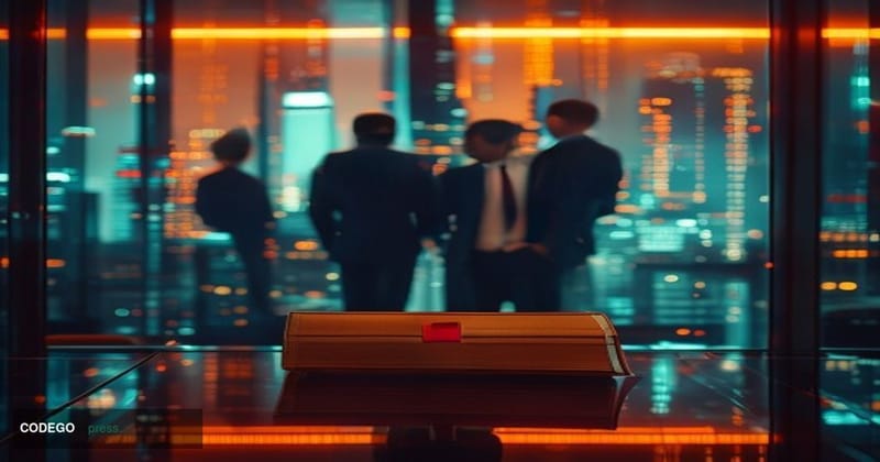 A cinematic editorial photograph set inside a sleek, glass-walled Wall Street trading floor at dusk, with amber city lights b