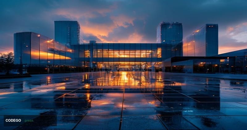 A cinematic photorealistic editorial photograph of Google's prominent corporate campus infrastructure — specifically the Goog