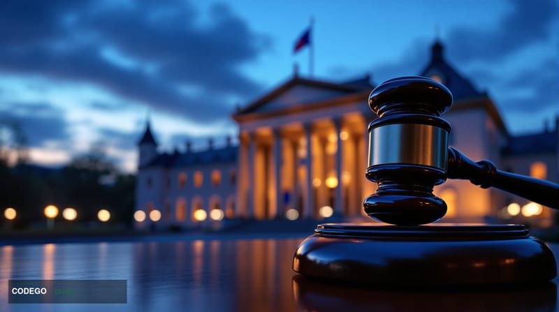 A photorealistic editorial photograph of the European Court of Justice building in Luxembourg, captured at dusk with dramatic