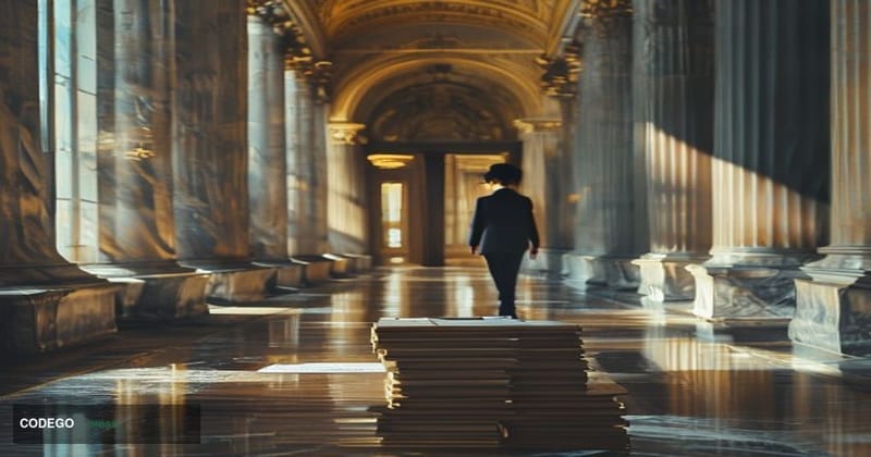 A cinematic editorial photograph set inside a grand neoclassical Federal Reserve building corridor in Washington D.C., featur