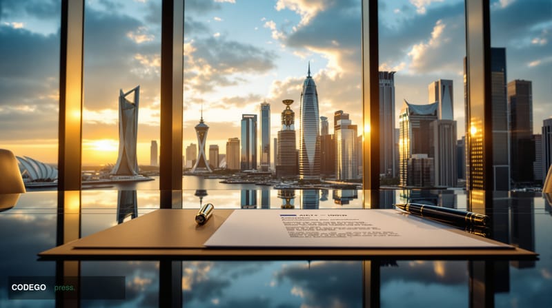 A cinematic editorial photograph depicting a symbolic convergence of Southeast Asian and American financial ambition: in the 